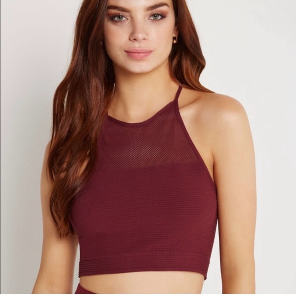 BCBGeneration Mesh Crop Tank in Wine, size XS/S